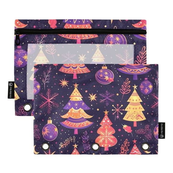 Christmas Trees and Snow 2 Pack Pencil Pouch for 3 Ring Binder Smooth Zipper Folders with Pockets Clear Window Pencil Case