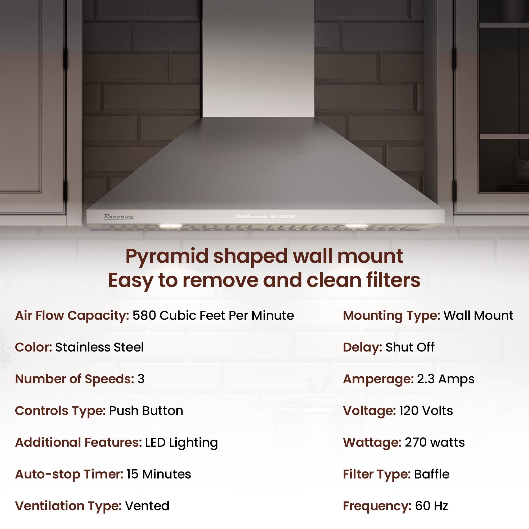 Rangaire RHWMP36S 36" Wall Mounted Hood - Stainless Steel, 3 Speed Fan, LED Lights, Push Button Control