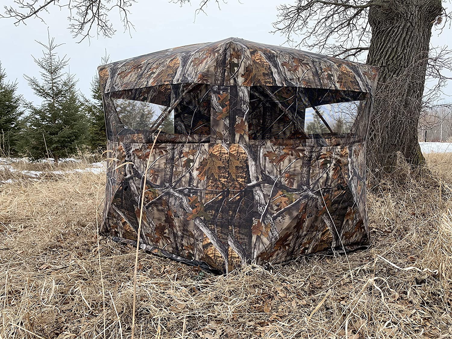 THUNDERBAY Gobbler Lodge 5-Side Hunting Blind 4 Person Ground Blind for Deer Hunting 300D Camouflage Pop up Quick Set Deer Blind