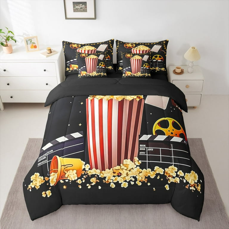 Manfei Movie Popcorn Bedding Comforter Set 7-Piece,Vintage Cinema