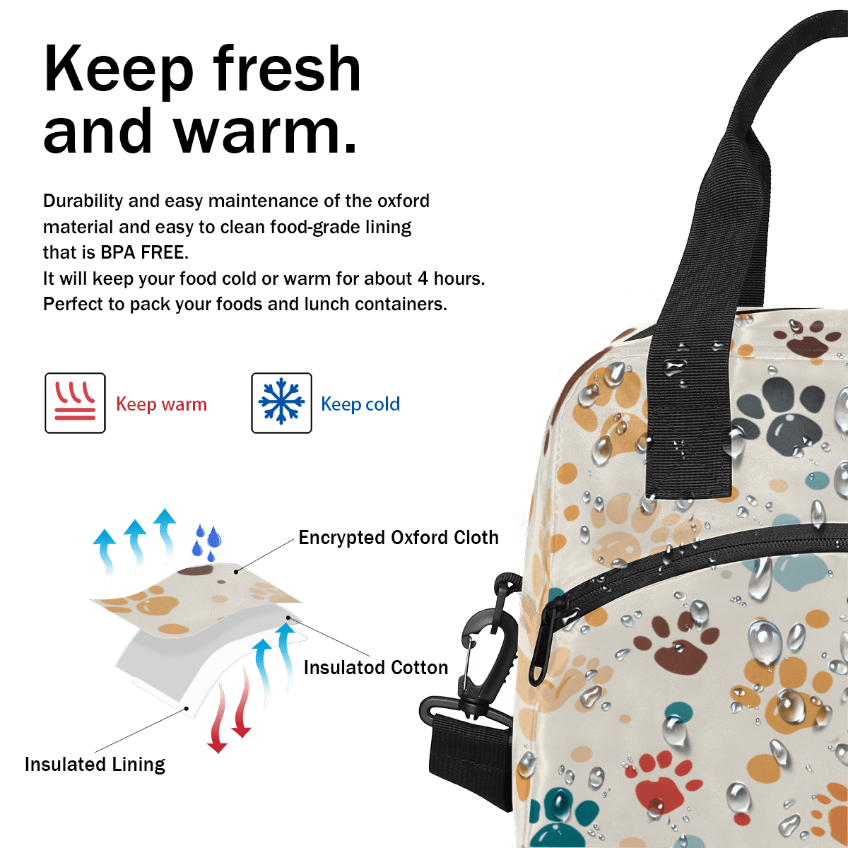Herdesigns Dog Paw Print Insulated Lunch Bag for Women Men Adults Large Reusable Lunch Box Cute Leakproof Cooler Tote Bags with Adjustable Shoulder Strap