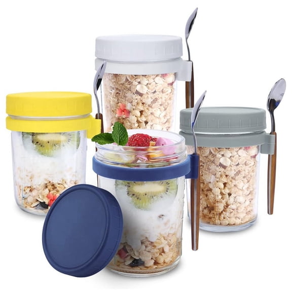 4Pack Overnight Oats Jars with Lids and Spoons, Reusable Glass Overnight Oats Container with Measurement Marks