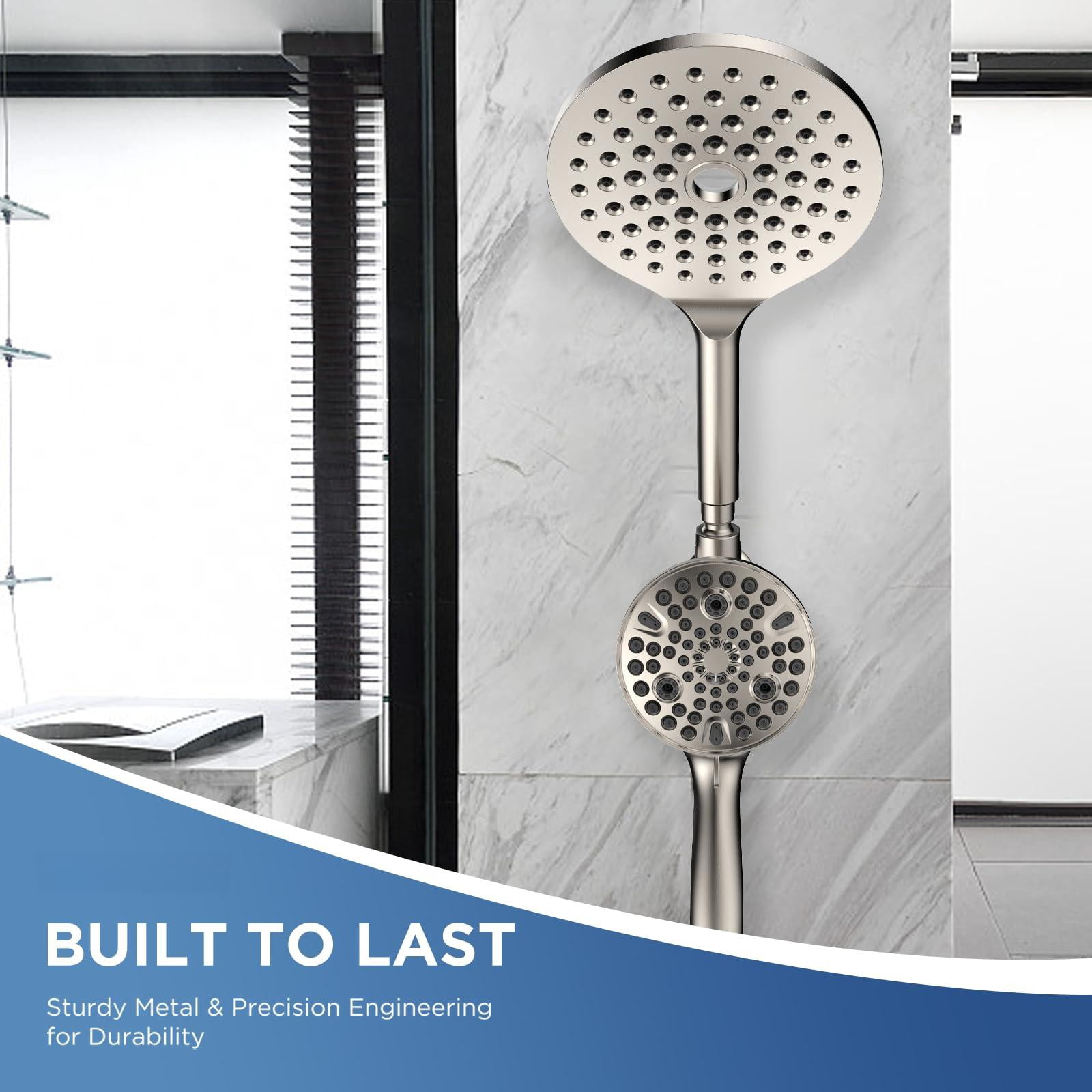Dual Handheld Shower Head Combo  2-in-1 Rain Heads System 8 Inch Rainfall And 10 Modes High Hand Held Showerhead With Built-in Power Wash