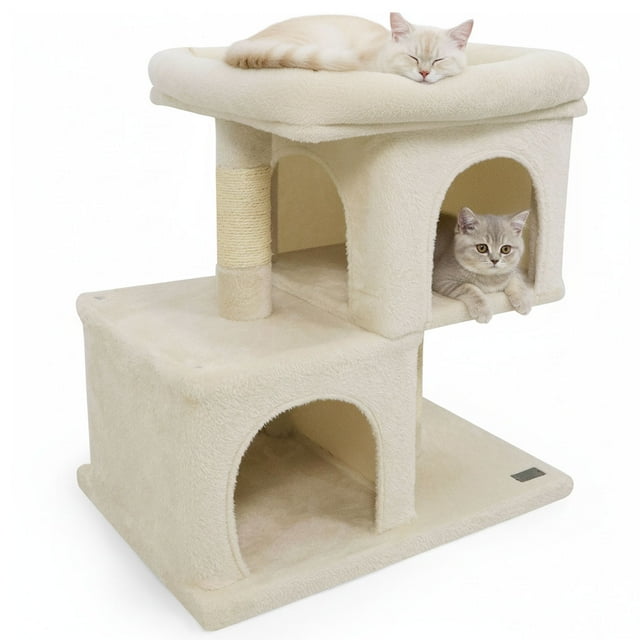 Gymax 25.5'' Cat Tree w/2 Large Condo Padded Top Perch Sisal Scratching Posts for Cats Beige