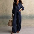 thumbnail image 5 of BRELIL Women Plus Size Two Piece Outfits Sets Long Sleeve Collared Button Shirt Wide Leg Pants Casual Lounge Set Solid Boho Vacation Travel Matching Tracksuit, Navy M, 5 of 5