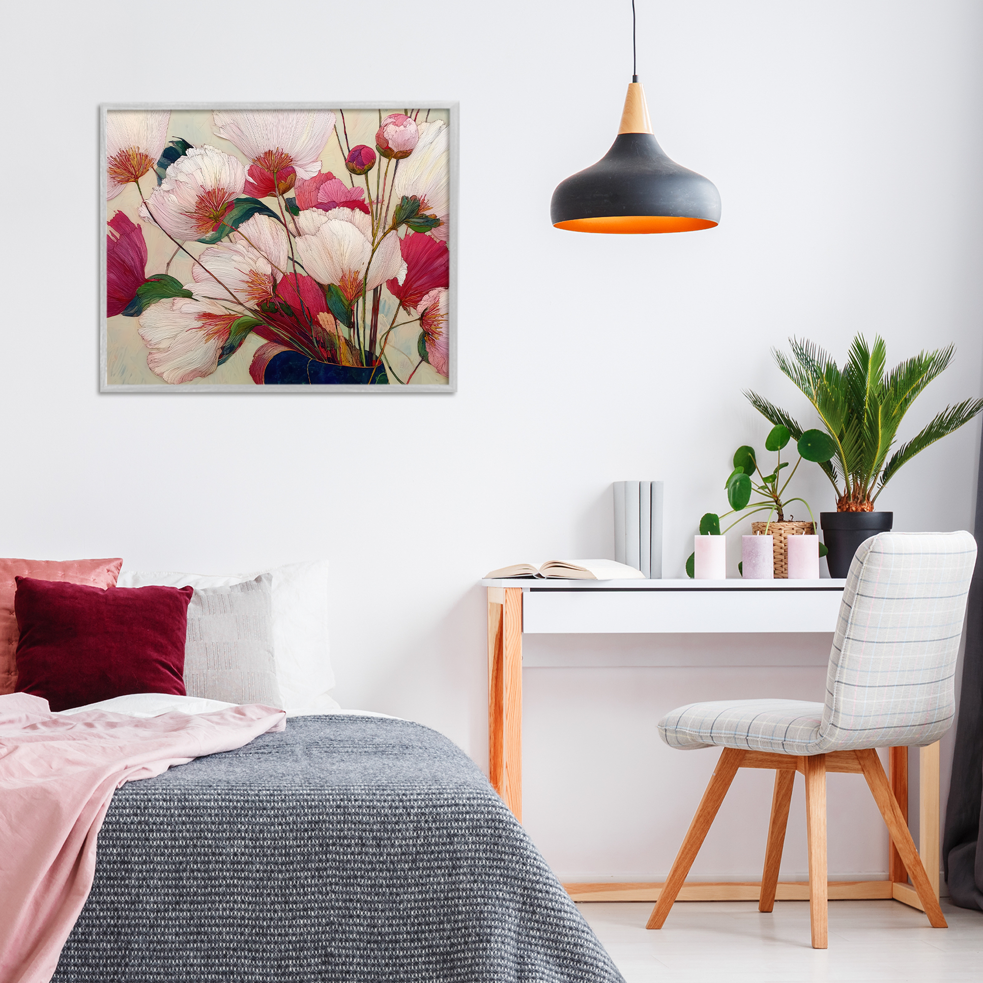 Lush Haiku Pink & White Flowers Gray Framed Giclee Art, design by Annabelle Hall