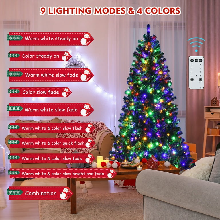 Costway 7ft Pre-lit Hinged Christmas Tree w/ Remote Control & 9 Lighting  Modes 