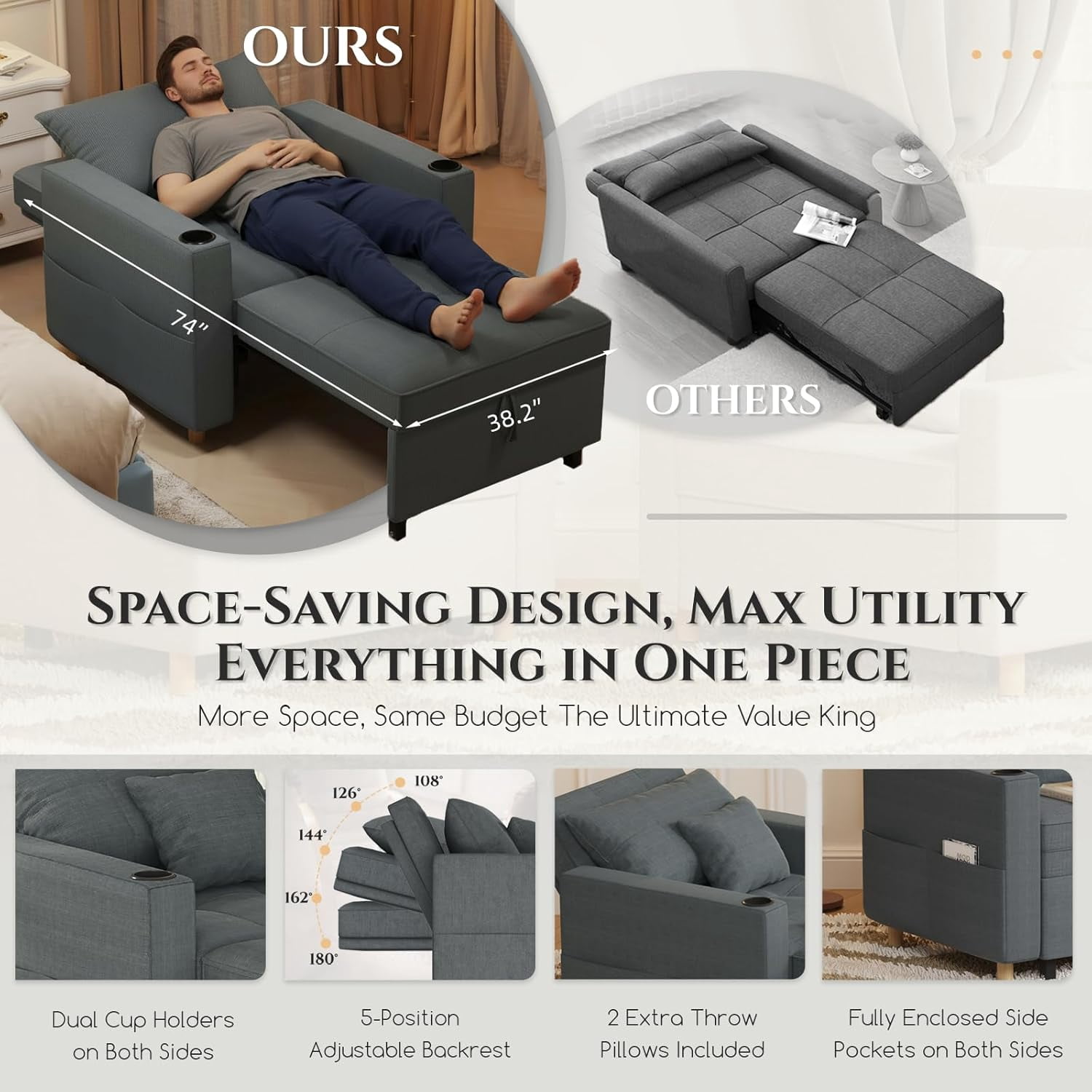 AECOJOY Sofa Bed, 38" Extra-Wide 3-in-1 Convertible Pull-Out Single Sofa with Adjustable Backrest and Cup Holder, Dark Grey