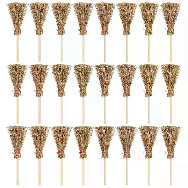24Pcs Broom Mini Witch Miniature Straw Brooms Dollhouse Decorations Costume Props Dollhouse Accessories Hanging Craft Prop