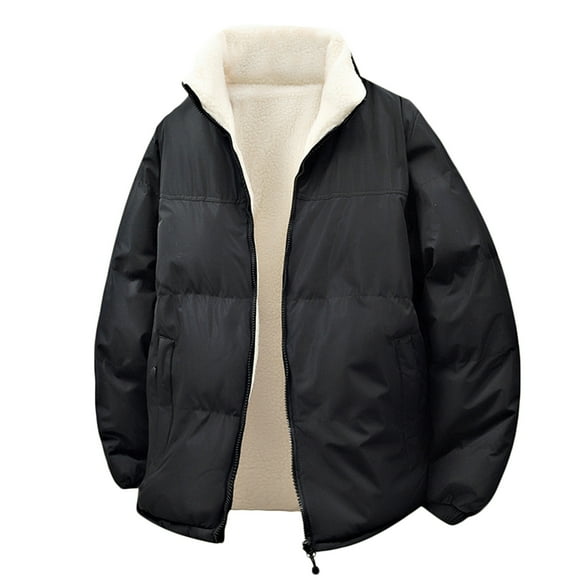 Maqroz Fleece Jackets for Men Full Zip Stand Collar Jacket with Pockets Casual Loose Fitting Padded Coat Fashion Solid Color Quilted Coats Keep Warm Fleeced Lining Outerwear