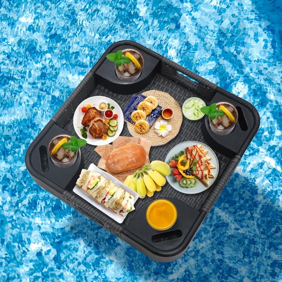 EAGLE PEAK Pool Floating Tray Table for Pool and Hot Tub, Wicker Serving Tray Floating Serving Tray with Drink Holders and Phone Slots , Gray
