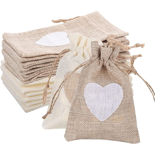 20 bolsas de arpillera de 10 x 14 cm, bolsas de lino con patrón de corazón, bolsa pequeña con cordón para almacenamiento de dulces, joyería, manualidades, cumpleaños, Navidad, calendario de adviento ER