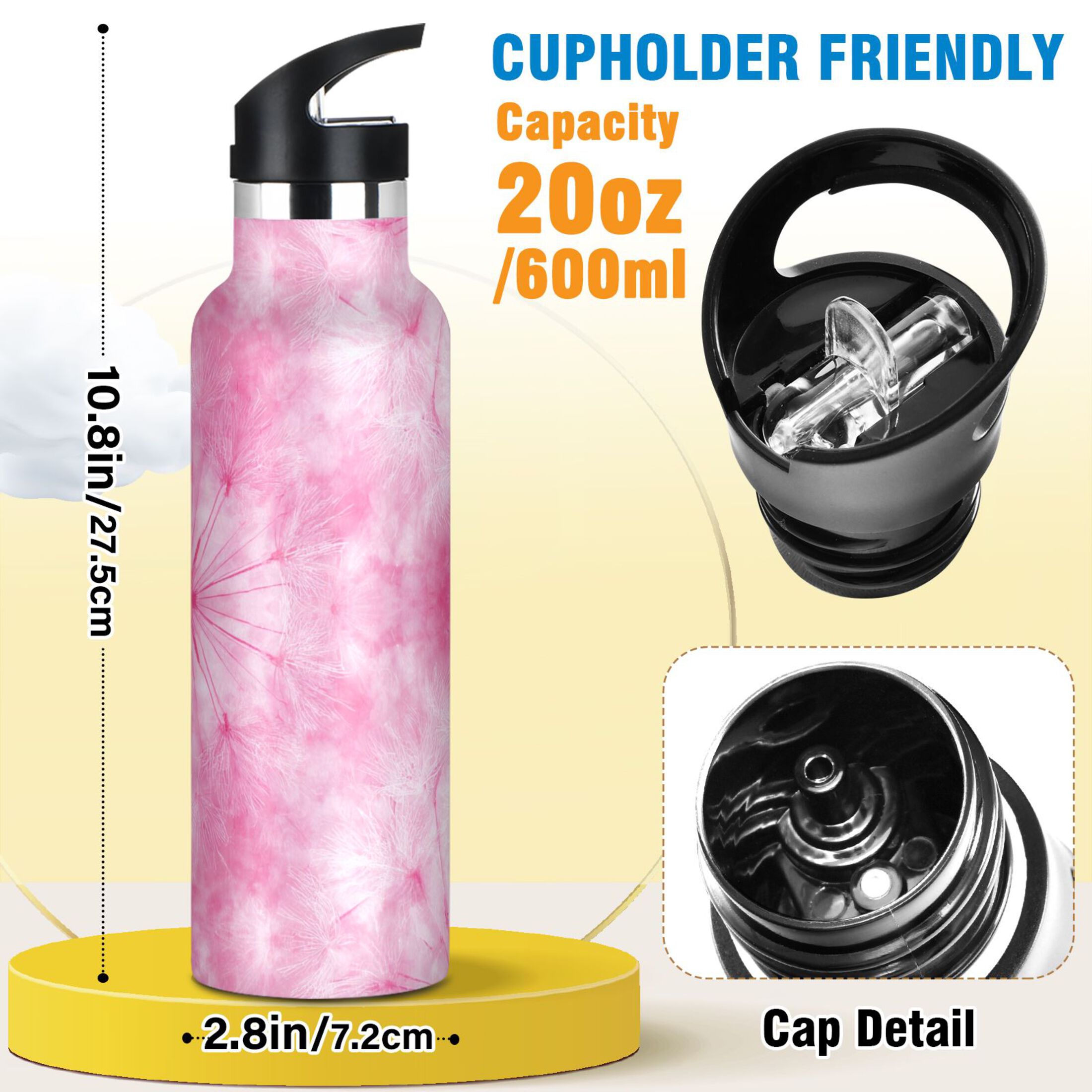 600ML Stainless Steel Insulated Cup Sports Water Bottle Portable Thermos Cup Water Glasses Insulated Tumblers Convenient and Durable Pink Dandelion
