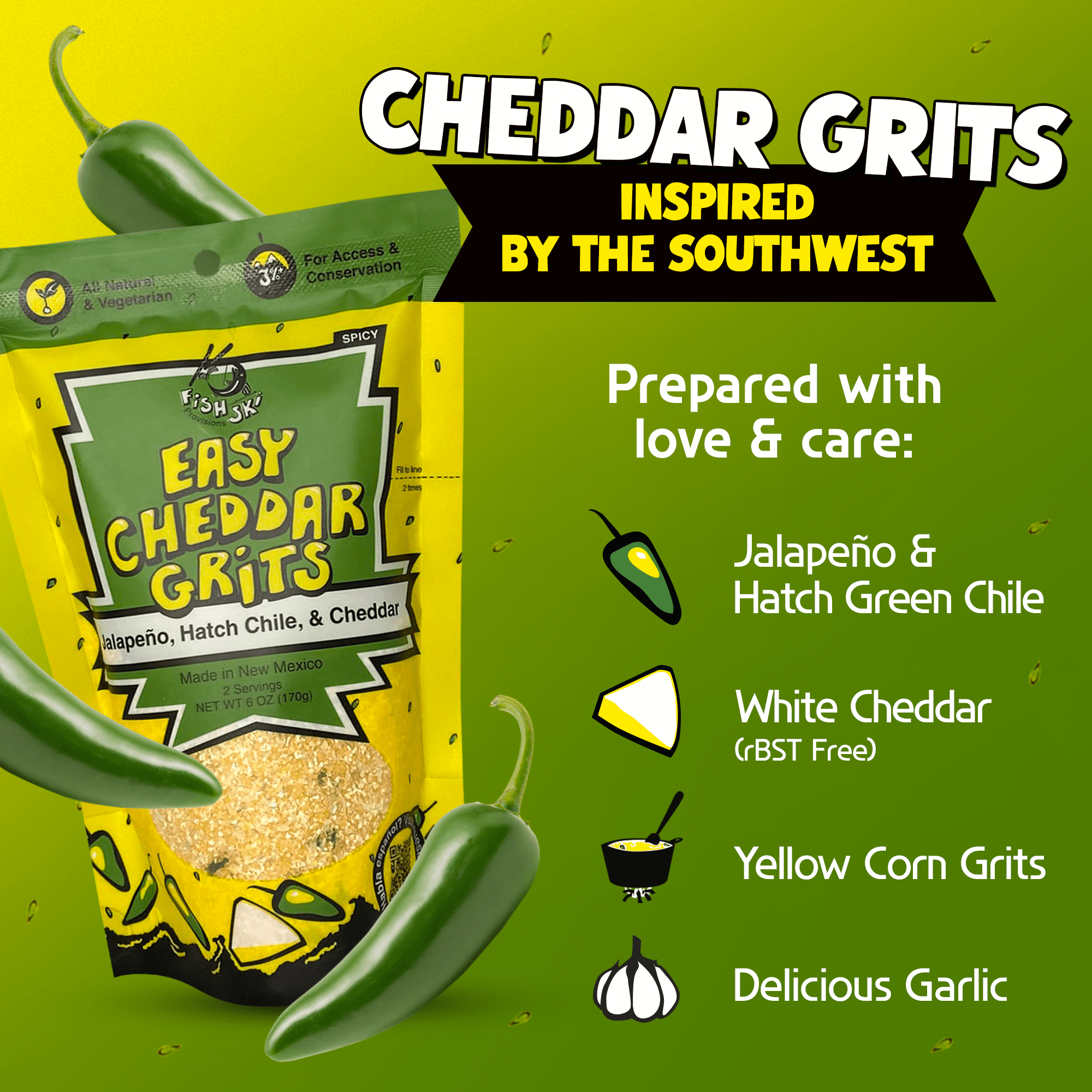 (3 pack) FishSki Provisions Jalapeno Hatch Green Chile Cheddar Yellow Corn Grits, Dry Mix, Easy to Prepare, Shelf-Stable, Bag, 6 oz