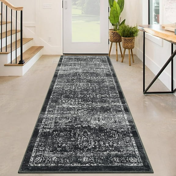 Washable Runner Rug 2x6 Runner Vintage Rug Non Slip Kitchen Rugs Floral Oriental Low Pile Entryway Rug Soft Bathroom Rugs Stain Resistant Carpet for Bedroom Hallway Laundry 2'x6' Black