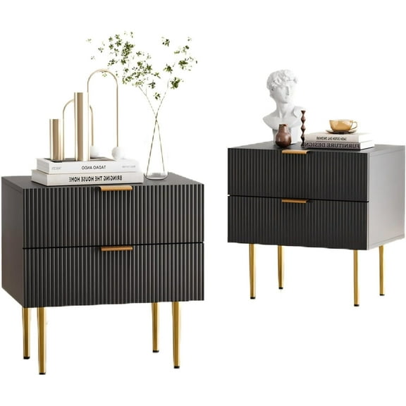 Modern Fluted Nightstand Set of 2, Black Night Stand with Golden Handles and Metal Legs, Wooden Bedside Table with 2 Drawers for Bedroom Living Room