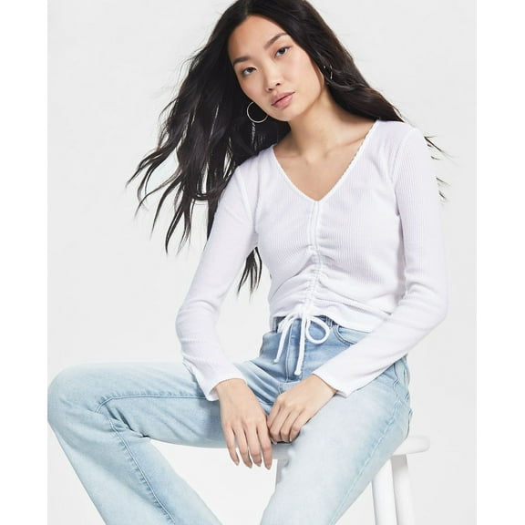 Hippie Rose Women's Juniors' Shirred-Front Long-Sleeve Top White B4HP (Regular,XS)