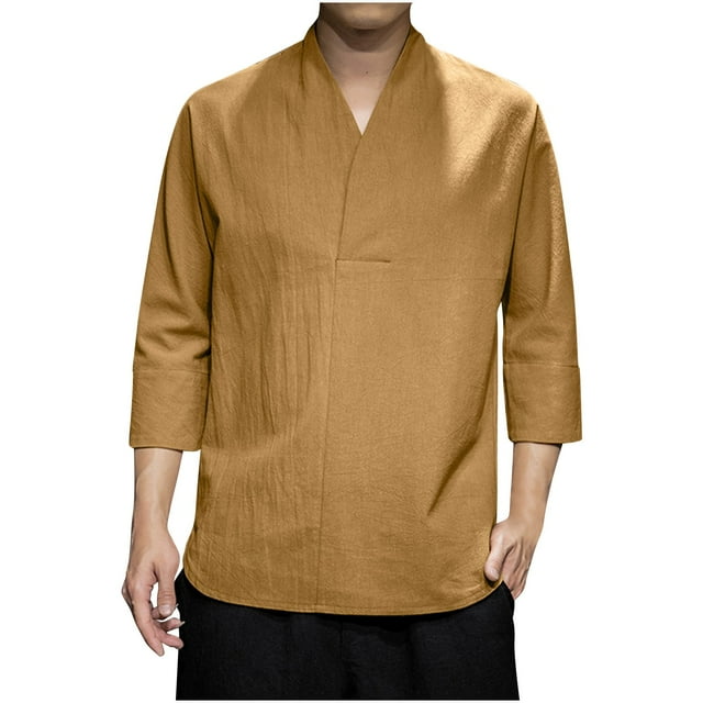 Camisa Casual de Lino de los Hombres, Tendencia de la Moda Delgada Punto de Manga Corta con Cuello en V para el Uso de Verano, Blusa Transpirable Ligera
