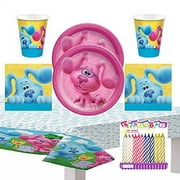 LLILYKAI VALUE BUNDLES Blues Clues - Pink Party Supplies Pack Serves 16: Dessert Plates Beverage Napkins Cups and Table Cover with Birthday Candles (Bundle for 16)