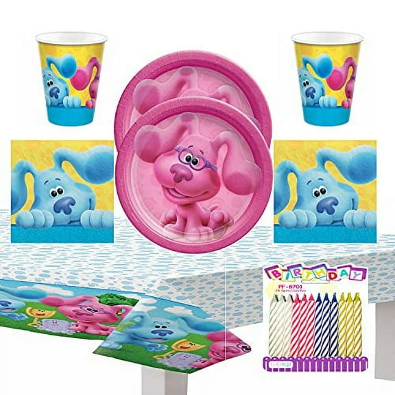 Blues Clues - Pink Party Supplies Pack Serves 16: Dessert Plates Beverage Napkins Cups and Table Cover with Birthday Candles (Bundle for 16)
