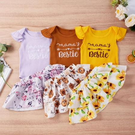 

Baby Cute Hanging Short Sleeve + Woven Printed Short Skirt Two Piece Set Khaki 100cm