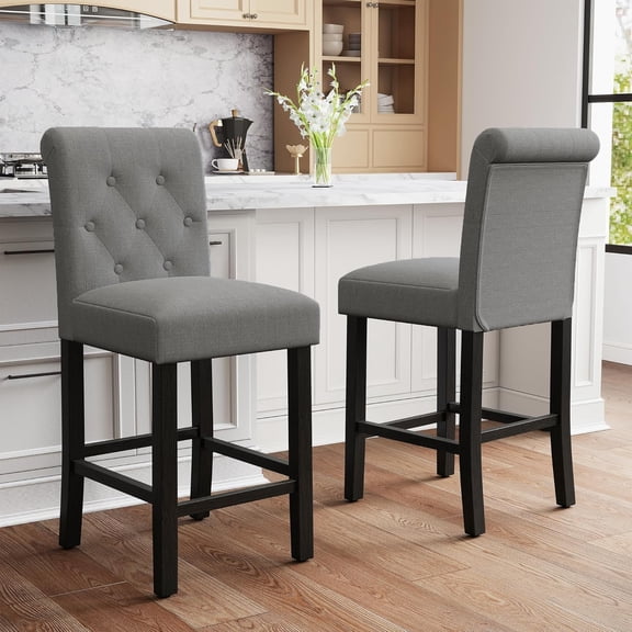 LSSPAID Bar Stools Set of 2, 24 Inch Counter Height Chairs, Upholstered Fabric Padded Kitchen Island Wood Barstools with Button Tufted Backrest and Solid Wood Legs, Grey
