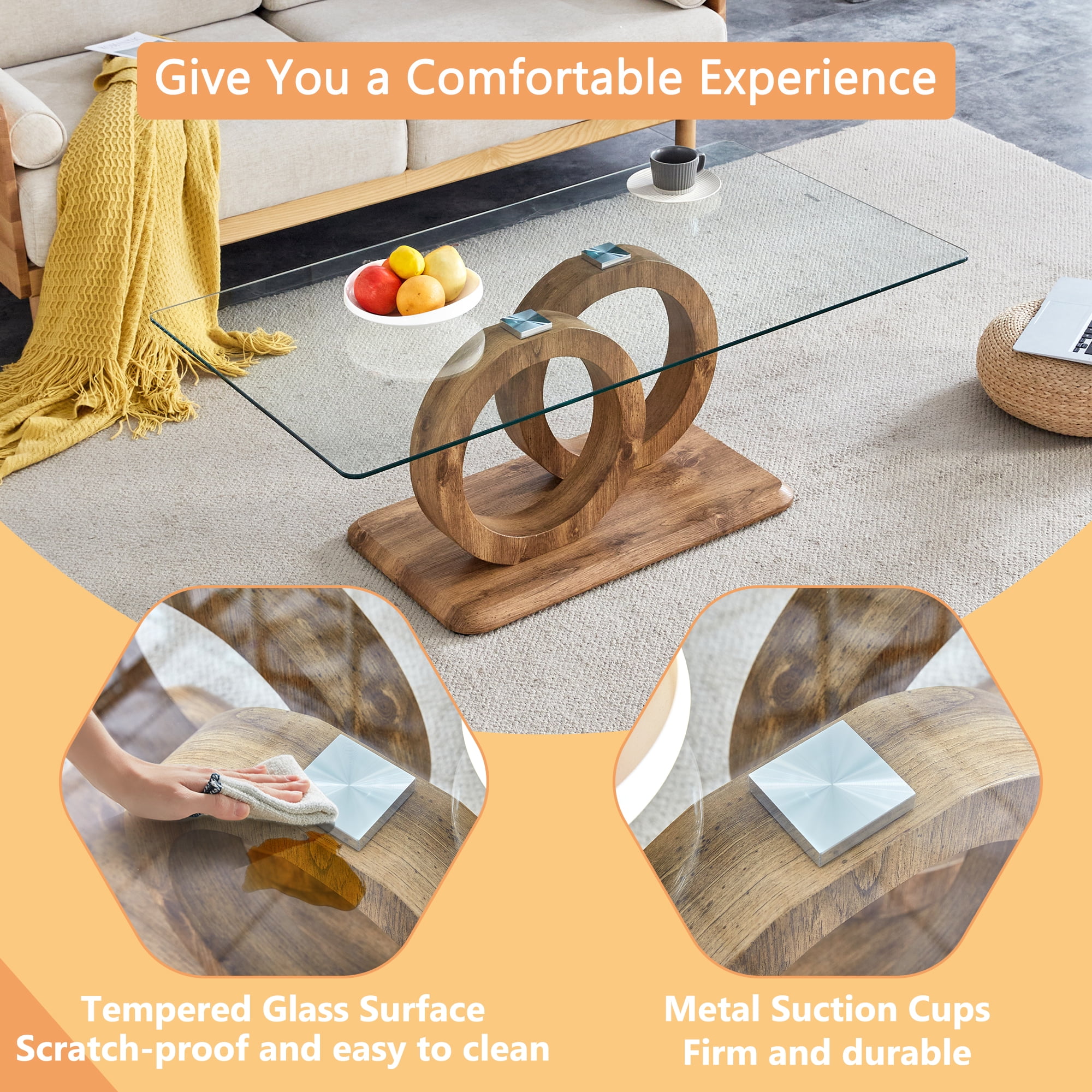 TesNus Modern Style Rectangle Glass Coffee Table for Living Room, Office,47.2" Stylish Center Table with MDF Base, Clear Tempered Glass (Natural)