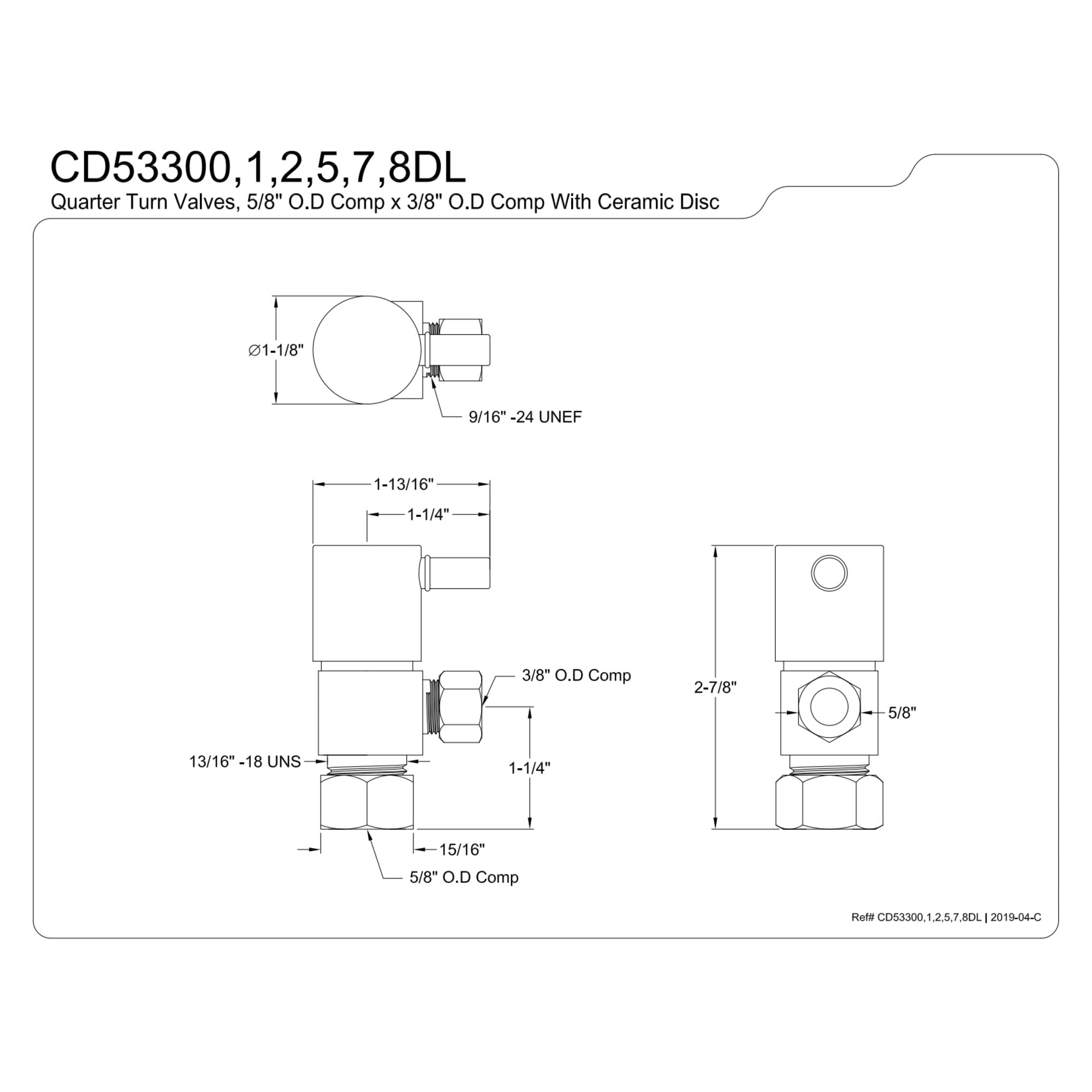 Kingston Brass CD53307DL 5/8-Inch O.D. Comp x 3/8-Inch O.D. Comp Anti-Seize Deluxe Quarter-Turn Ceramic Hardisc Cartridge Angle Stop in Brushed Brass