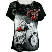 Big Bang Clothing Company Route 66 Motorcycle, Scoop Neck Rhinestone Print Top