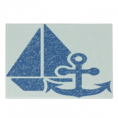 

Vintage Blue Cutting Board Marine Themed Anchor and Sailboat with Grungy Design Nautical Print Decorative Tempered Glass Cutting and Serving Board Small Size Azure Blue and White by Ambesonne