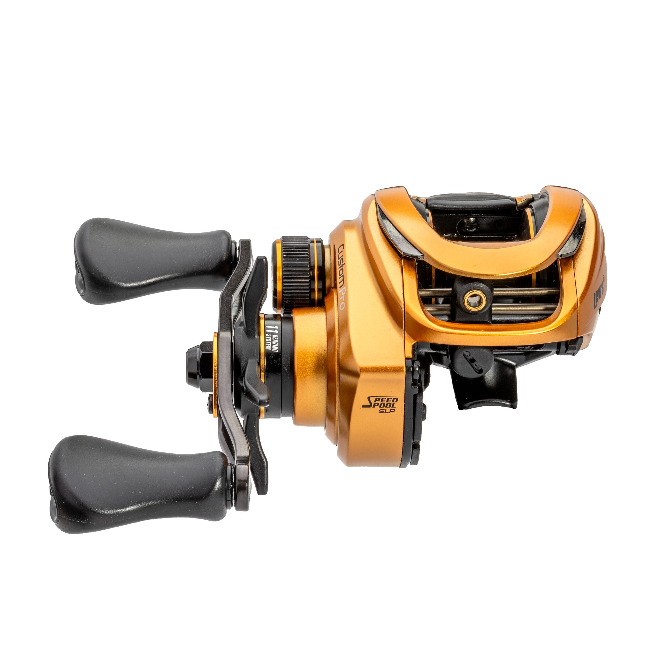 Lew’s Custom Pro Baitcast Fishing Reel, 10+1 Bearings, 6.8:1 Gear Ratio, Aluminum Frame and Sideplate, ParaMag ITB Brake, Aluminum Speed Gears, Carbon Fiber Drag, Right-Hand Retrieve, Gold/Black