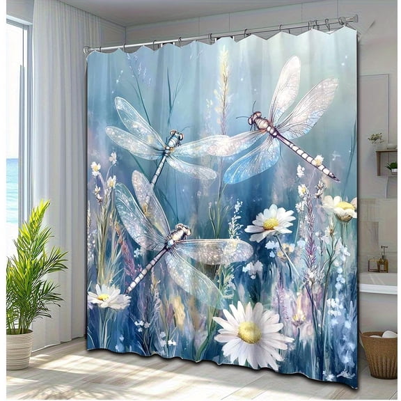 Watercolor Dragonfly Shower Curtain Blue Floral Daisy Bathroom Decor with Hooks 71x71 inches