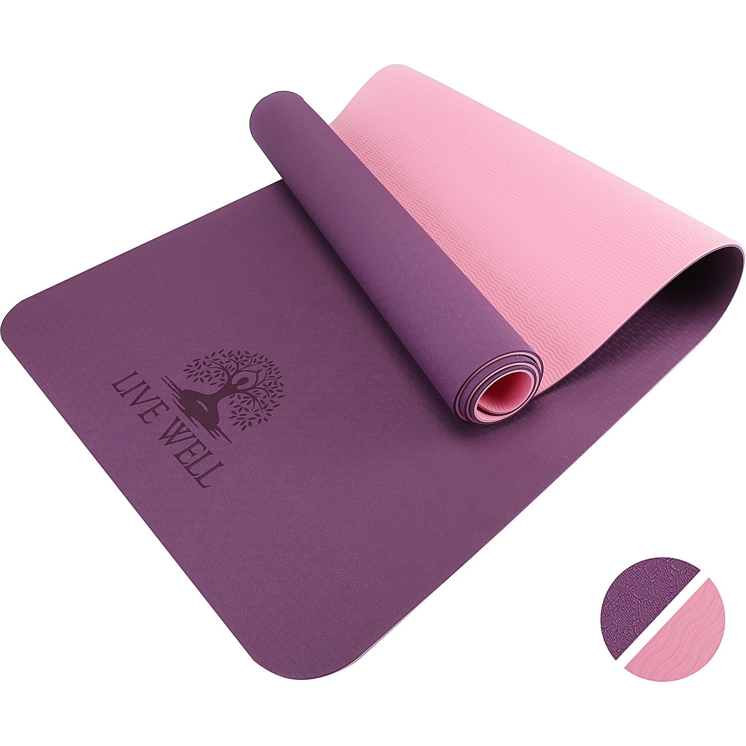 LIVE WELL Dual Color TPE Yoga Mat - Purple/Pink, 6X2ft 6mm Thick