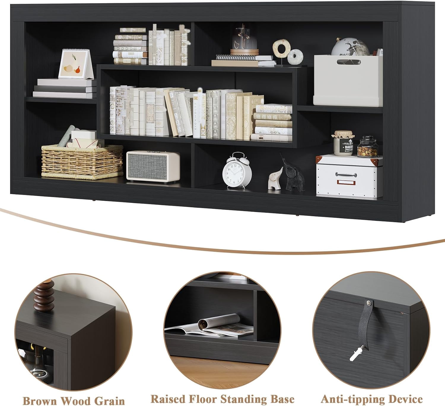 Winkalon Modern Farmhouse 7-Cube Storage Organizer Bookcase, 71” Wide Bookshelf, Large Floor Standing Cubby Shelf Unit with Anti-Tip Kit for Home Office, Living Room, Bedroom,Black