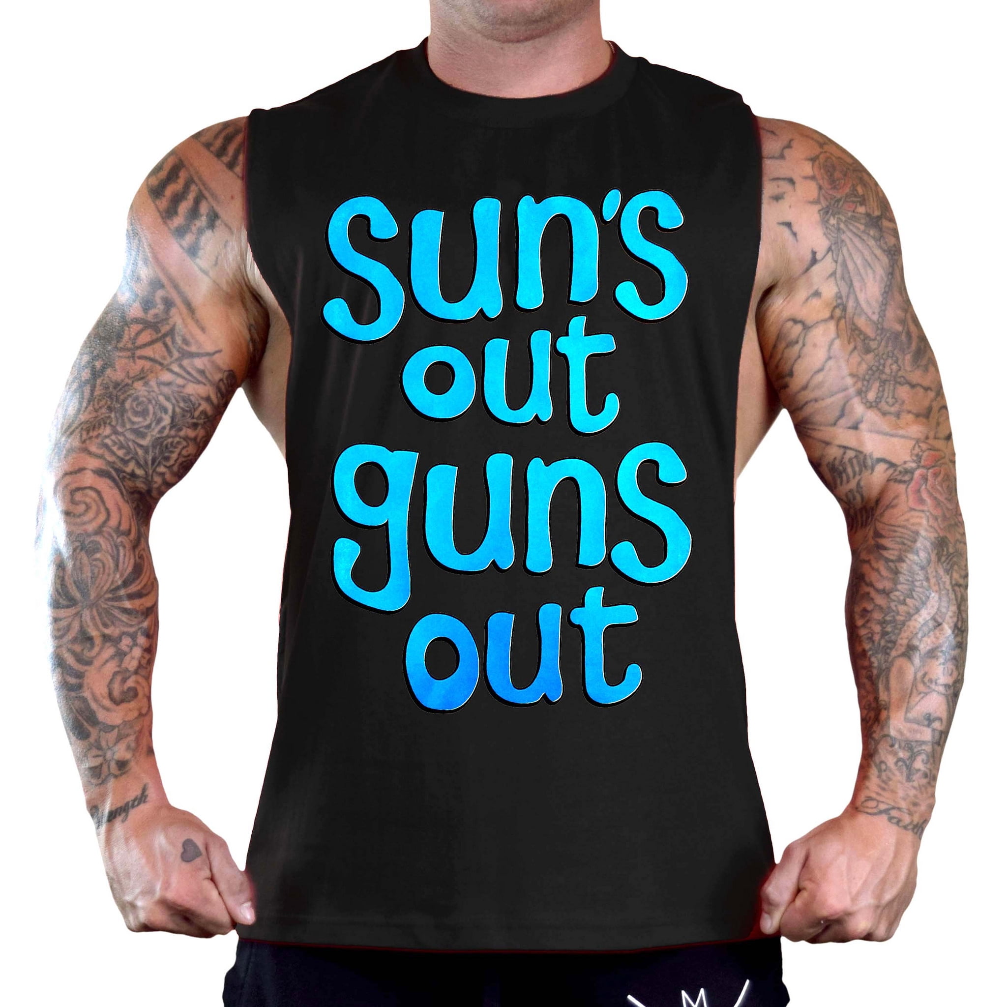 Men's Sun's Out Guns Out Blue Sleeveless Black T-Shirt Gym Tank T...