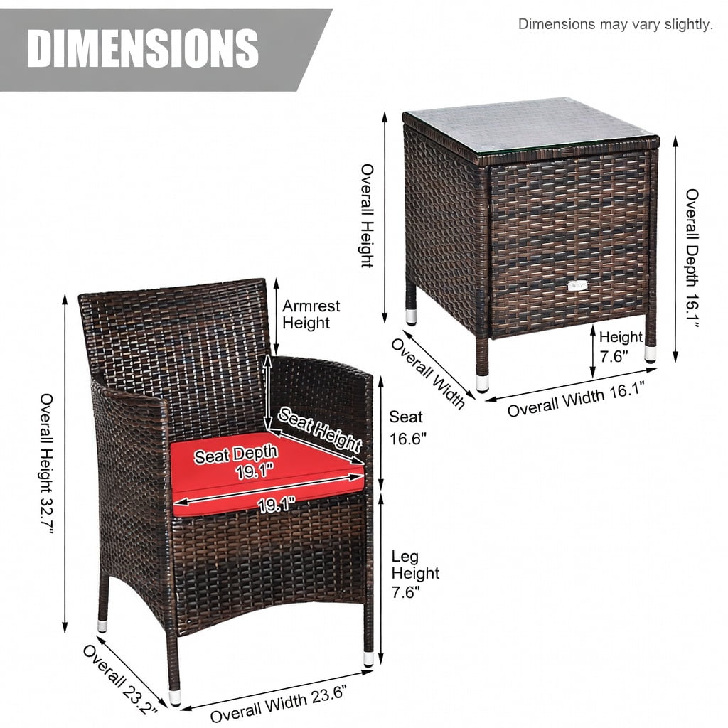 Hommoo 3-Piece Outdoor Wicker Patio Furniture Set with Cushioned Chairs & Tempered Glass Coffee Table, Red