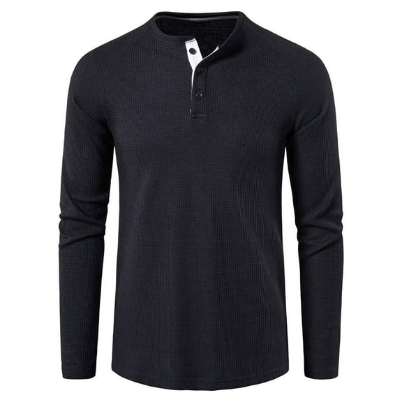 SWSMCLT Men's Henley Shirt Long Sleeve Summer Spring Soft Fall Casual Stretch Blouse Top Button Shirt Fitted Black X-Large