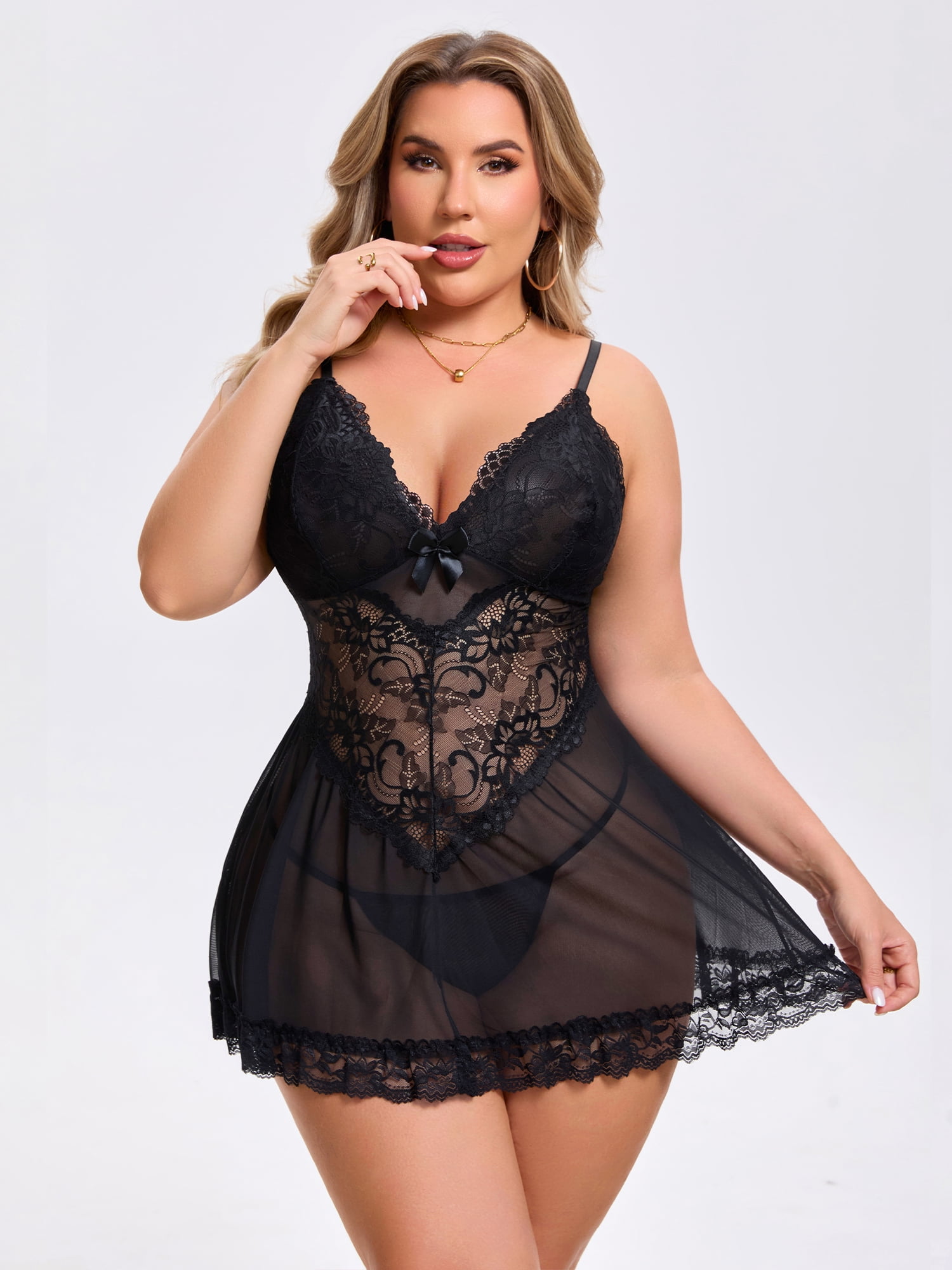 DARING DIVA Women's Plus Size Lingerie Lace V Neck Mesh See Through Chemise XL Black
