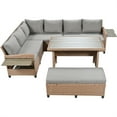 thumbnail image 2 of 5-Piece Outdoor Patio Rattan Sofa Set, L-Shaped Sectional PE Wicker Garden Furniture Set with 2 Extendable Side Tables, Dining Table and Washable Covers for Backyard Poolside Indoor, Brown, 2 of 7