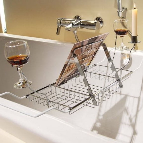 Domqga Stainless Steel Extendable Bathtub Caddy Tray for Soap, Over Bath Tub Rack Wine Glass Holder, Shower Book Holder Storage Organizer with Extending Sides, Adjustable 24.4 -33.46inch Wide