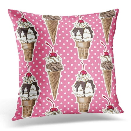 ARHOME White Candy Ice Cream Cone and in Glass with Cherry on Pink Polka Dot Cartoon Pillow Case Pillow Cover 20x20 inch