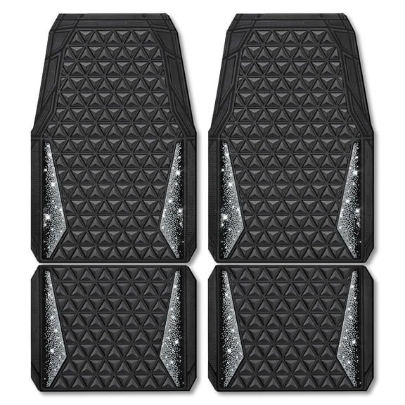 CAR GRAND Bling Diamond Rubber Automotive Floor Mats Full Set Anti-slip Water Proof Universal Fit Glitter Crystal Sparkly Shining Rhinestone Girl Woman Lady Femal Black Silver