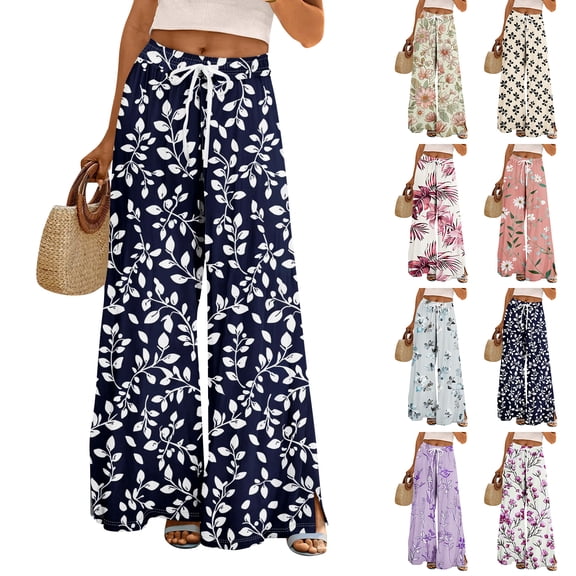 Womens Pants Pockets Boho Printed Elastic Waist Wide Leg Palazzo Pants for Women Work Beach Vacation Clothes Purple Pink M