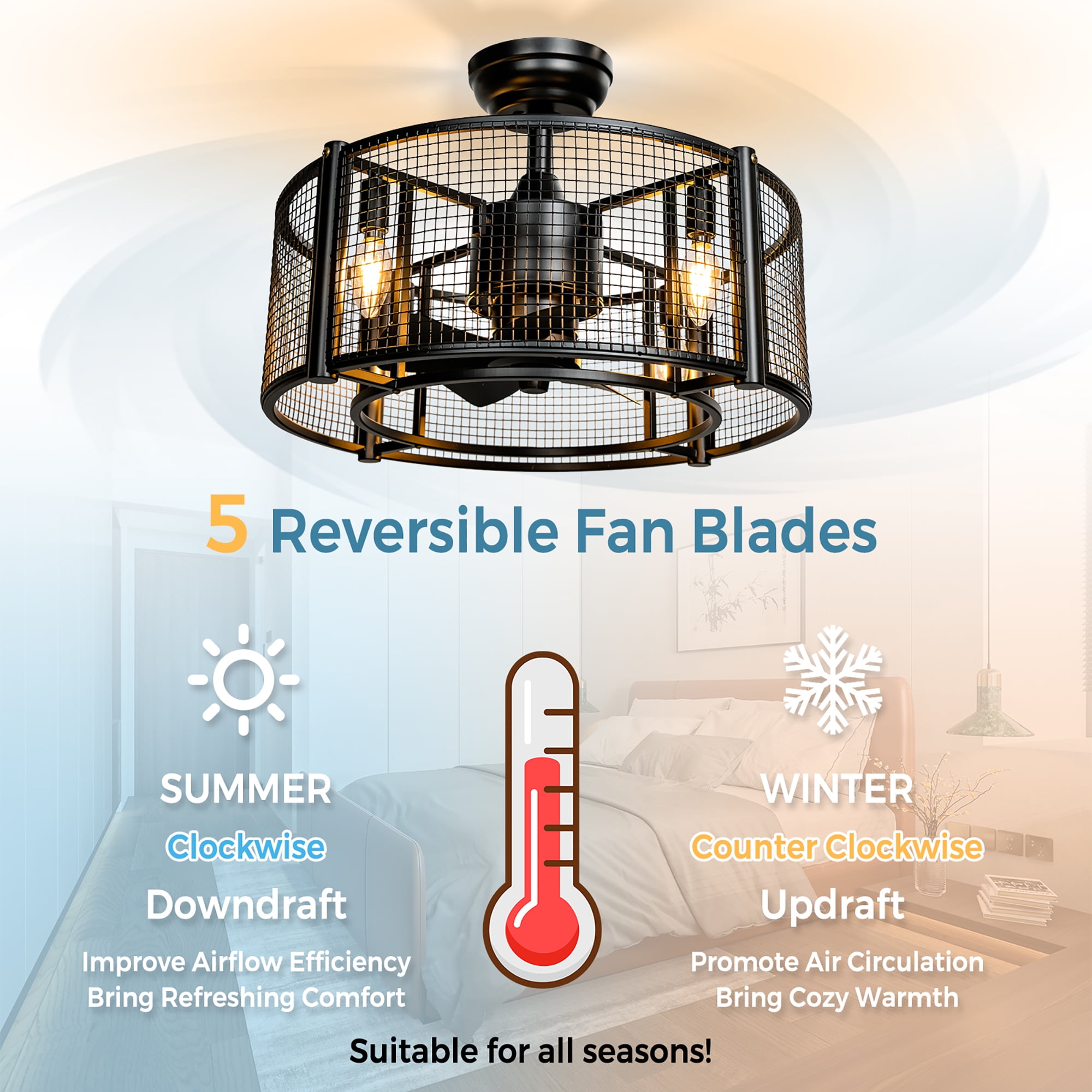 20'' Caged Bladeless Ceiling Fan with Light Reversible Motor & Remote Control