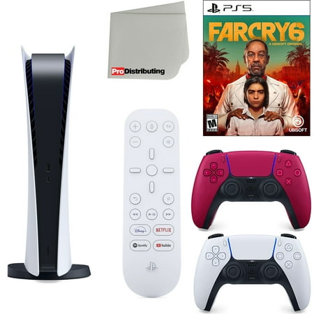 Sony Playstation 5 Digital Version (Sony PS5 Digital) with Cosmic Red Extra Controller, Media Remote, Far Cry 6, Accessory Starter Kit and Microfiber Cleaning Cloth Bundle