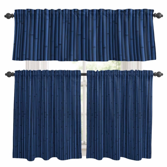 Dark Blue Kitchen Curtains Sets for Windows 24 Inch Length, Retro Farmhouse Plants Wall Lines Texture Rod Pocket Window Treatments Tier Curtains and Valances Set for Bedroom/Bathroom