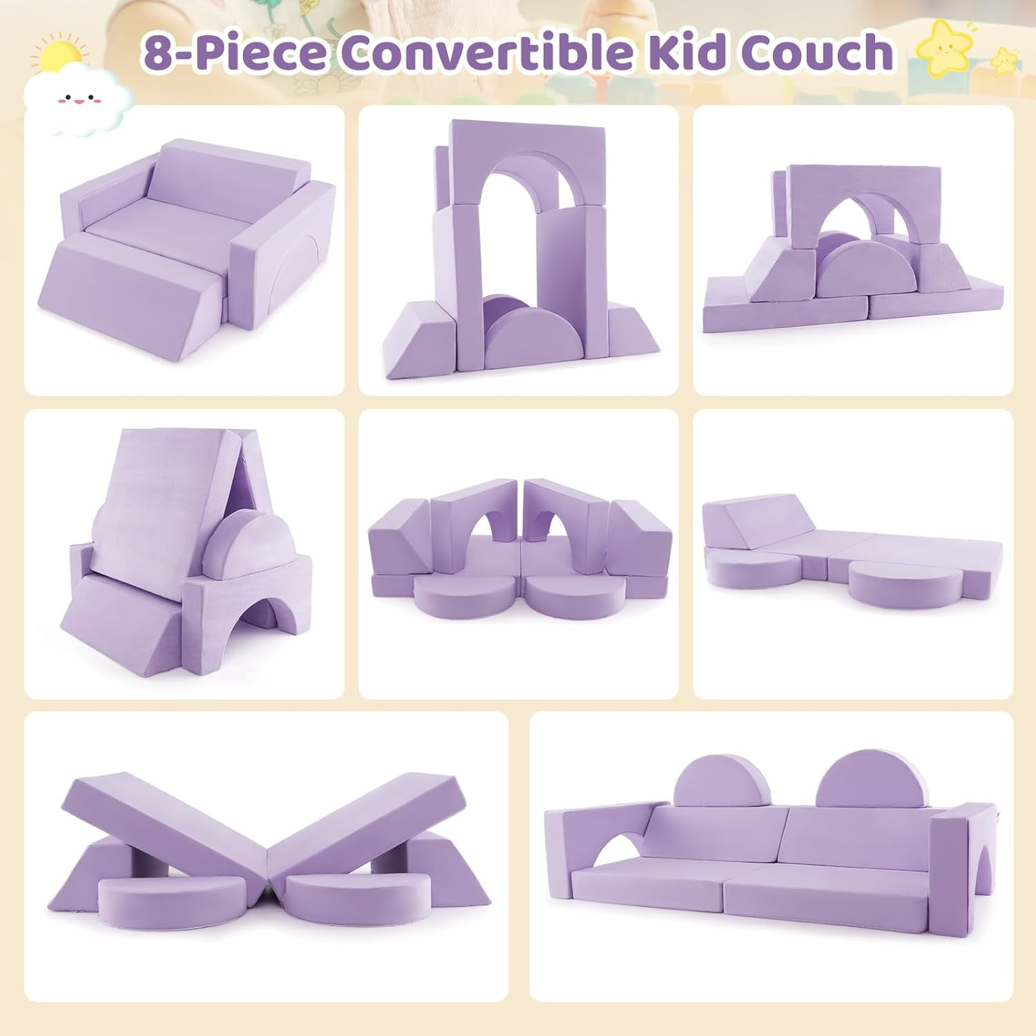 OLAKIDS Modular Kids Play Couch, 8PCS Toddler Sectional Sofa Building Fort for Playroom, Bedroom, Imaginative Convertible Floor Cushion, Foam Set for Boys and Girls