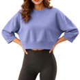 thumbnail image 4 of Staron Women's Crop Tops Crew Neck 3/4 Sleeve Loose Casual Short Sweatshirt Lightweight Drop Shoulder Pullover Top Purple M, 4 of 7