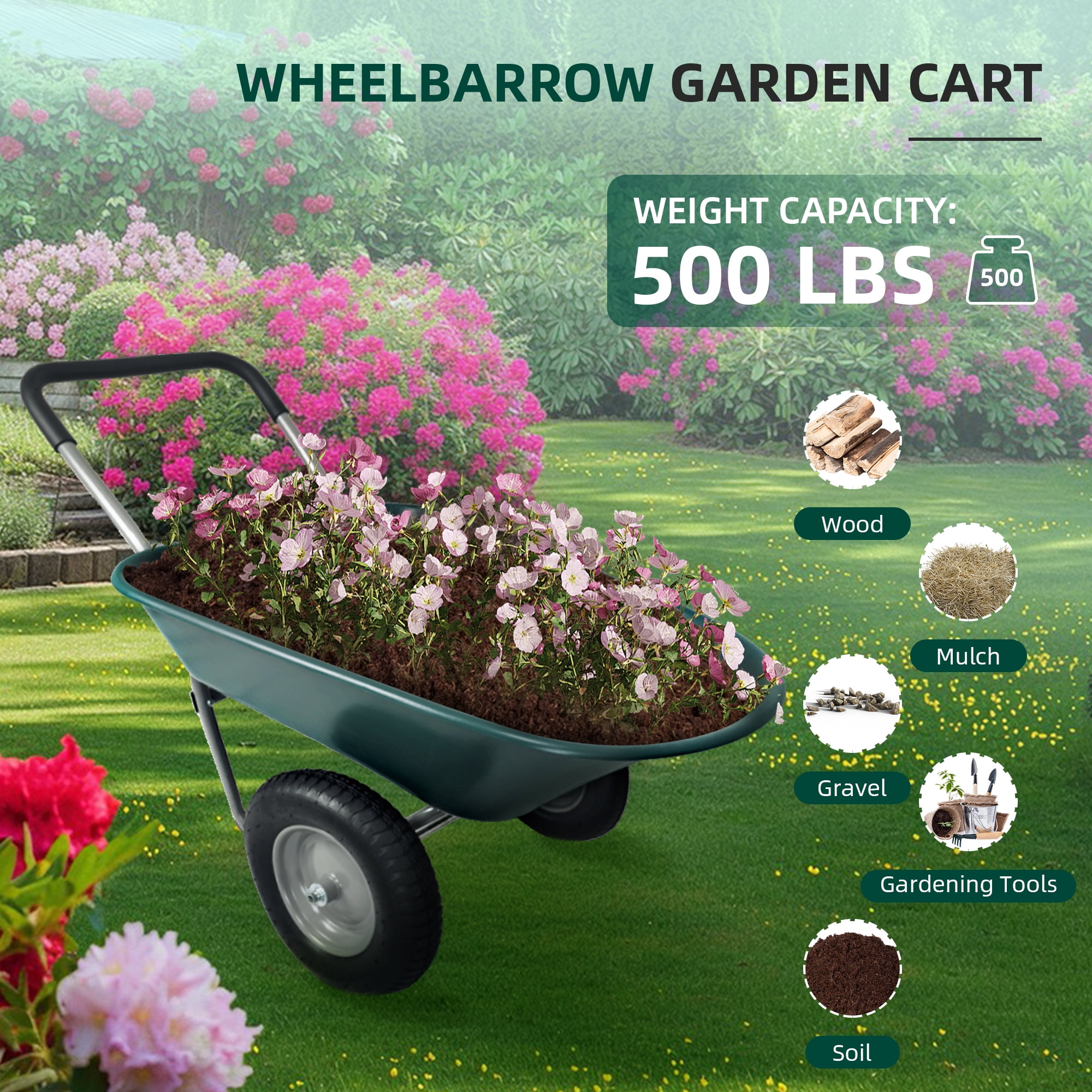 BalanceFrom Dual-Wheel Garden Wheelbarrow with Pneumatic Tires and Reinforced Structure - 50"L x 27"W x 26"H, 300 lbs Capacity, Easy Assembly