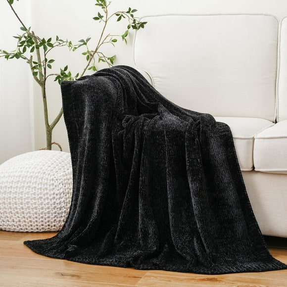 Battilo Black Throw Blanket Chenille Knit Throws for Couch Bed, Super Soft Decorative Farmhouse Cozy Sofa Blanket in Home (Black, 51"x 67")